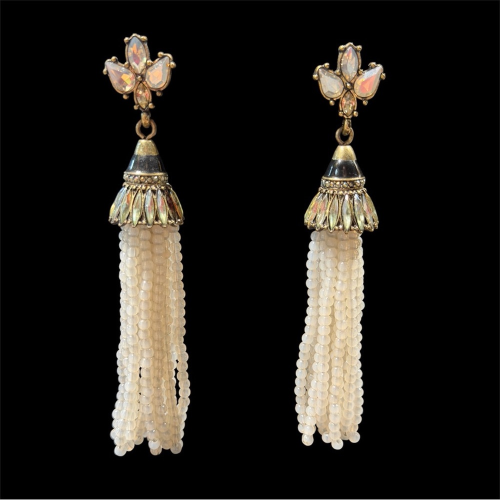 Vintage Inspired Beaded Tassel Stone Accent Costume 4” Dangling Earrings